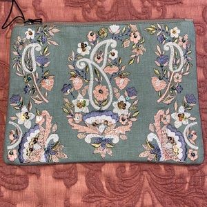 MINT GREEN EMBROIDERED PAISLEY ZIP BAG NWT